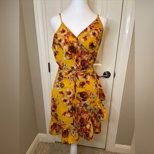 Free People Womens Large Yellow Floral Wrap Ruffle Blouse Top